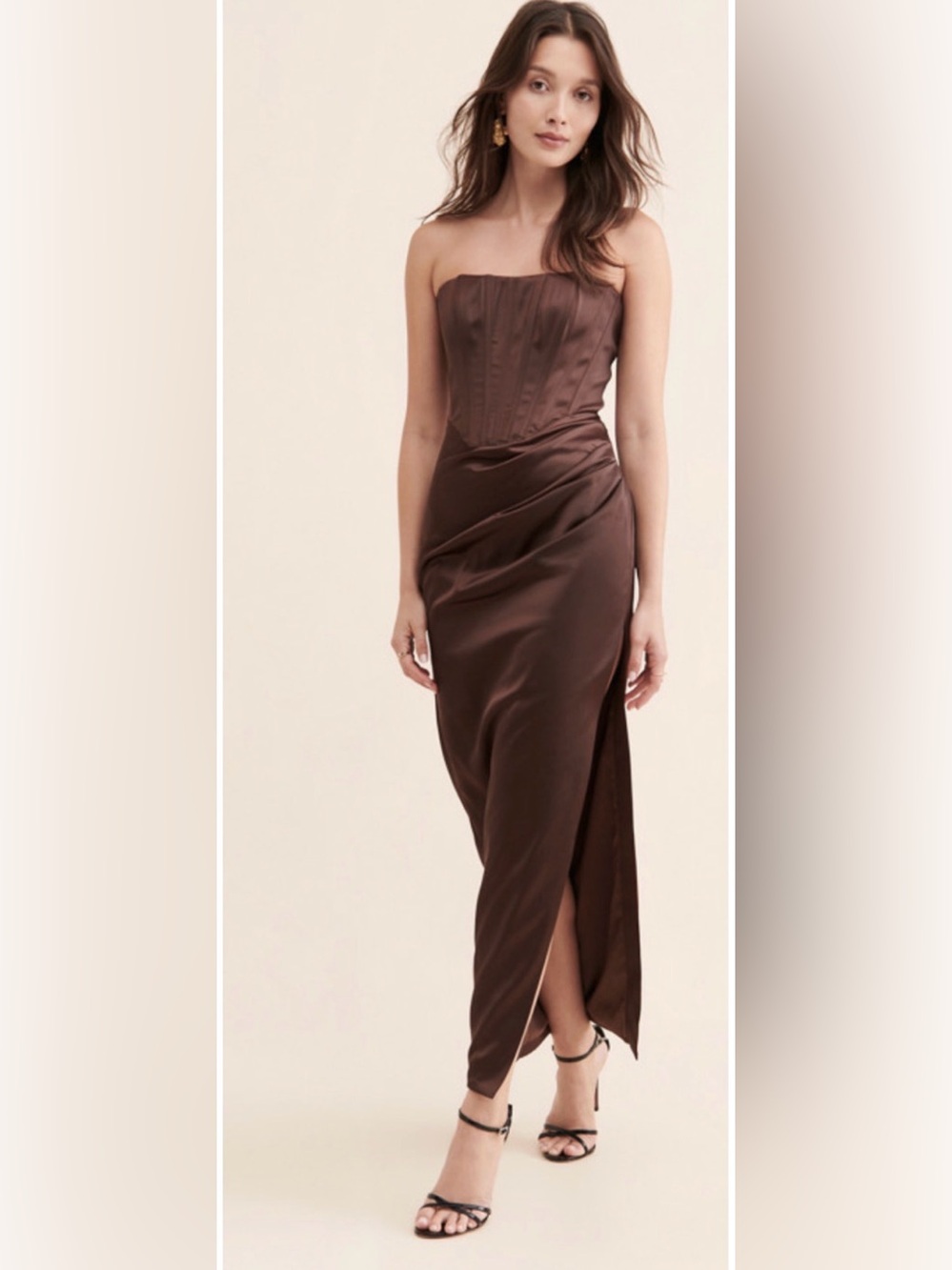 BARDOT BROWN EVERLASTING SATIN STRAPLESS CORSET MIDI DRESS SZ 8